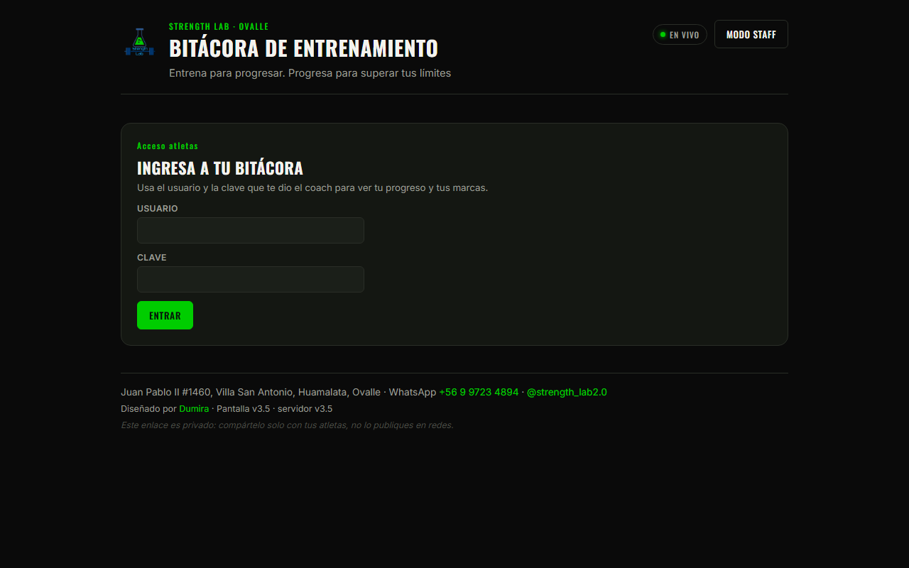 Pantalla de acceso de la bitácora de entrenamiento de Strength Lab