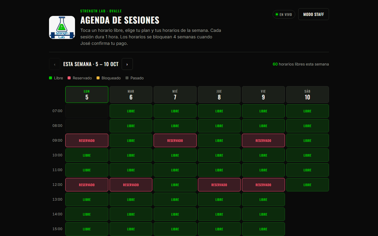 Calendario de reservas de Strength Lab con horarios libres y reservados